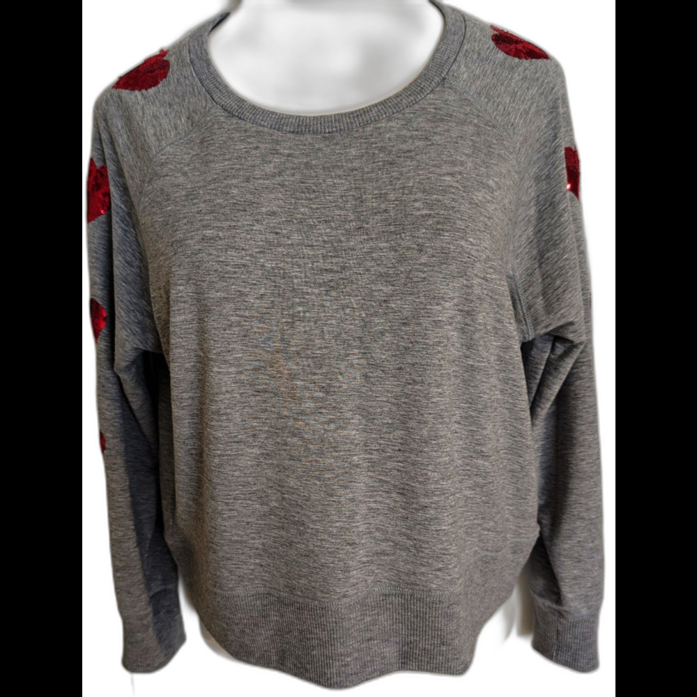 Victoria's Secret Grey Red Sequin Heart Sleeve Sweatshirt L